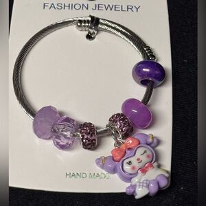 Kuromi Charm Beaded Stainless Steel Adjustable Bracelet - Purple